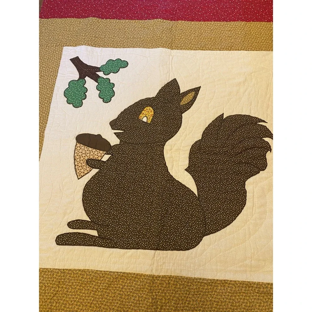 Handmade Quilted Squirrel Wall Hanging Rustic Fall Acorn 45 X 39 Cottagecore